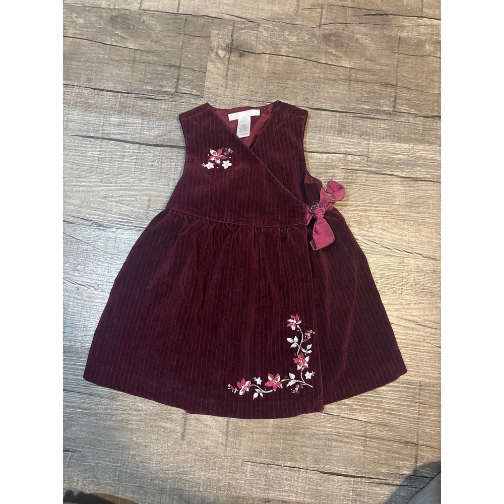 Janie and Jack Baby Girl Burgundy Corduroy Floral Embroidered Wrap‎ Dress 12-18M